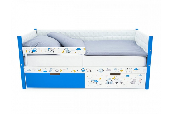Кровать-тахта Svogen мягкая ящики, бортик с рисунком синий/барашки