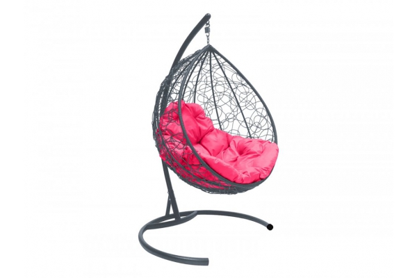 Подвесное кресло Кокон Капля ротанг каркас серый-подушка розовая