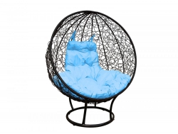 Кресло Кокон Круглый на подставке ротанг каркас чёрный-подушка голубая