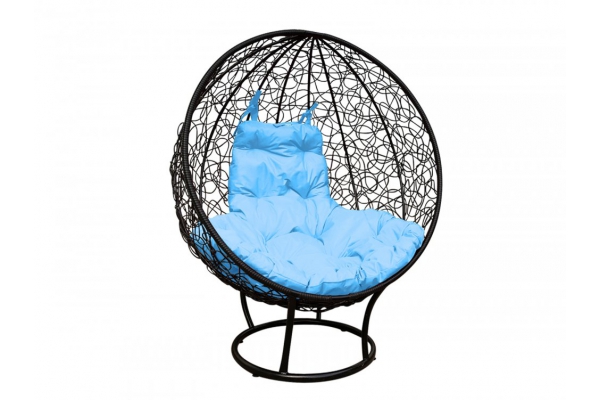 Кресло Кокон Круглый на подставке ротанг каркас чёрный-подушка голубая