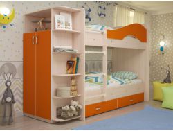 Кровать 2-х ярусная Мая с ящиками и шкафом оранж