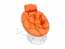 Кресло Папасан пружинка мини с ротангом каркас белый-подушка оранжевая