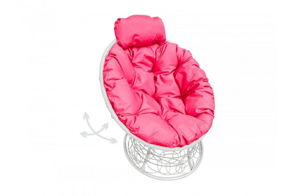 Кресло Папасан пружинка мини с ротангом каркас белый-подушка розовая