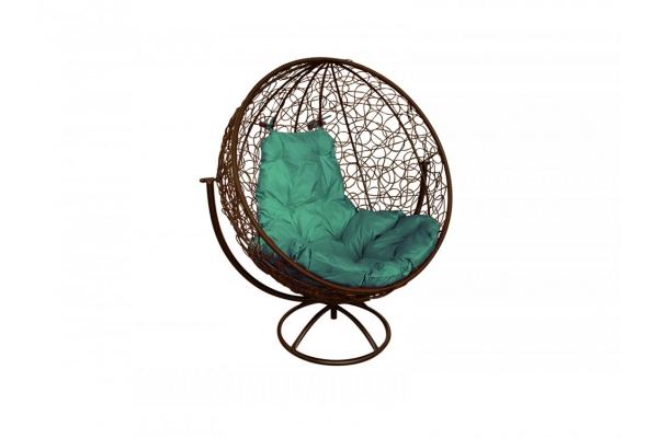 Кресло Кокон Круглый вращающийся ротанг каркас коричневый-подушка зелёная