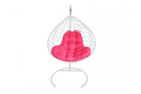 Подвесное кресло Кокон XL ротанг каркас белый-подушка розовая